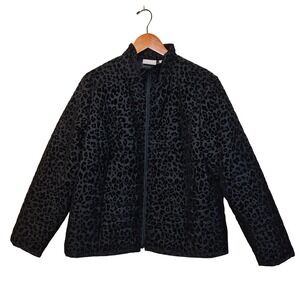 Chico's Quilted Jacket Womens LG Black Flocked Leopard Animal Print Zip Puffer
